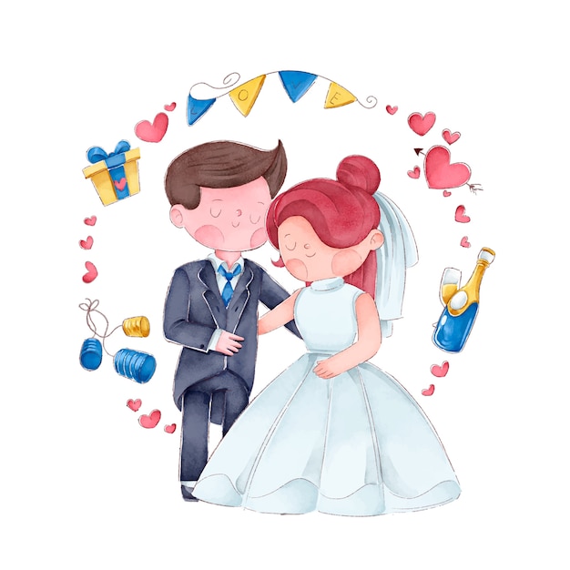 Watercolor illustration wedding couple with frame