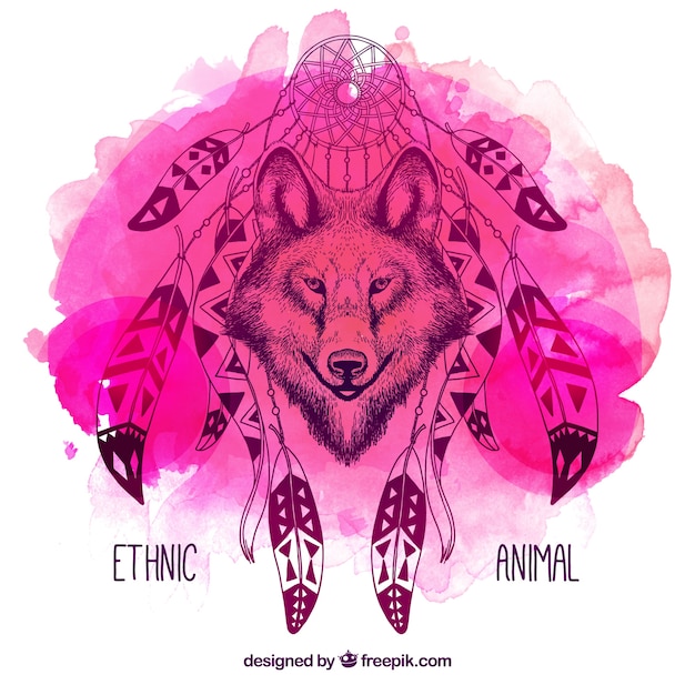 Free Vector watercolor illustration of wolf with dreamcatcher