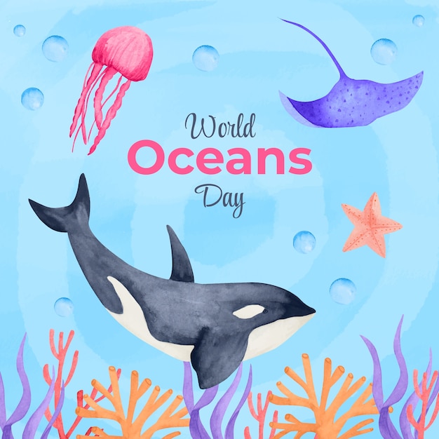 Free Vector watercolor illustration for world oceans day celebration