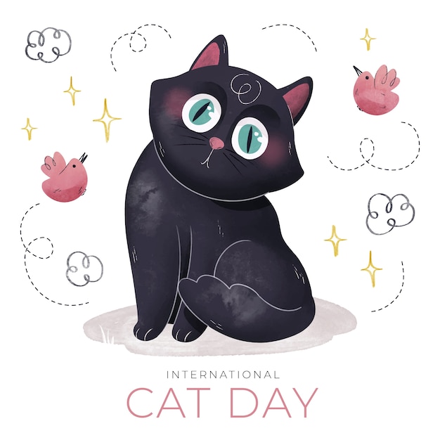 Free Vector watercolor international cat day illustration with black cat