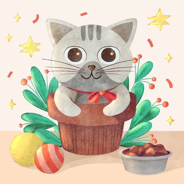 Free Vector watercolor international cat day illustration with cat in pot