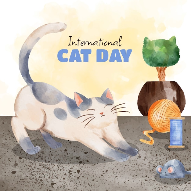 Watercolor international cat day illustration with cat and toys