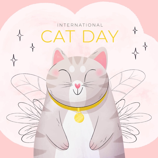 Free Vector watercolor international cat day illustration with cute cat