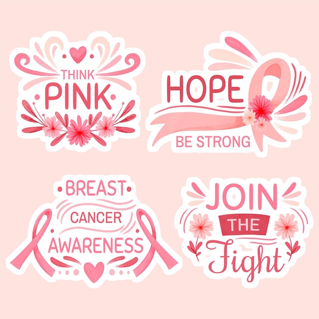 Watercolor international day against breast cancer lettering labels collection