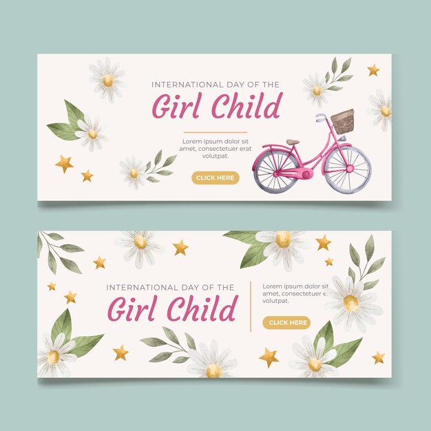 Watercolor international day of the girl child banners set