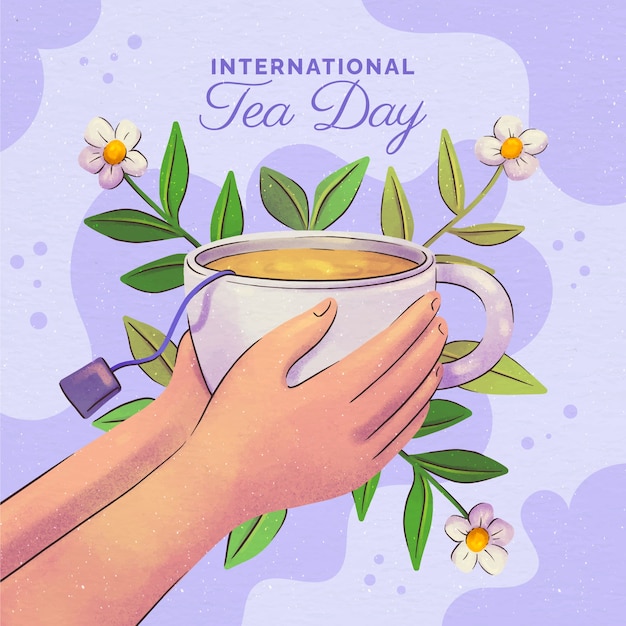 Watercolor international tea day illustration with hands holding teacup