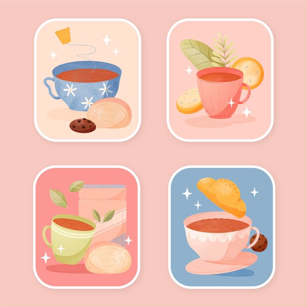 Watercolor international tea day stickers collection