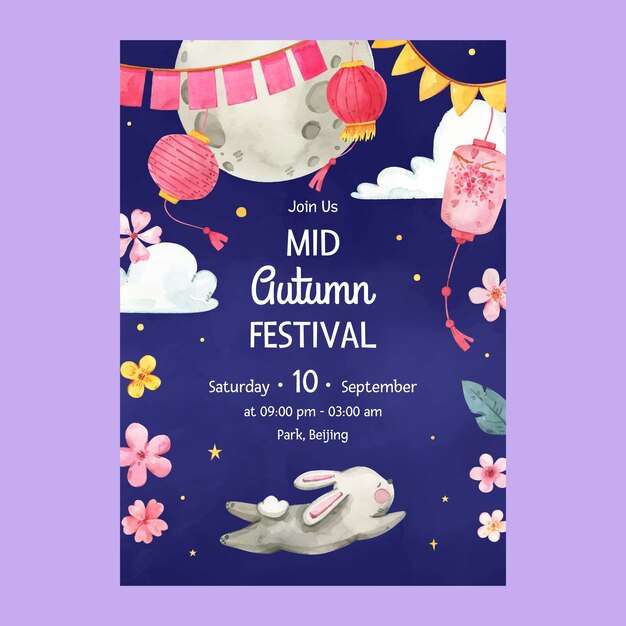 Watercolor invitation template for mid-autumn festival celebration