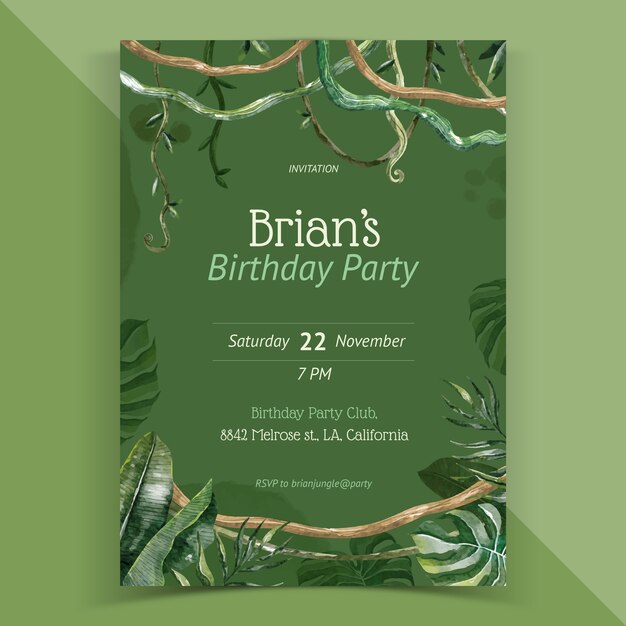 Watercolor jungle birthday party invitation