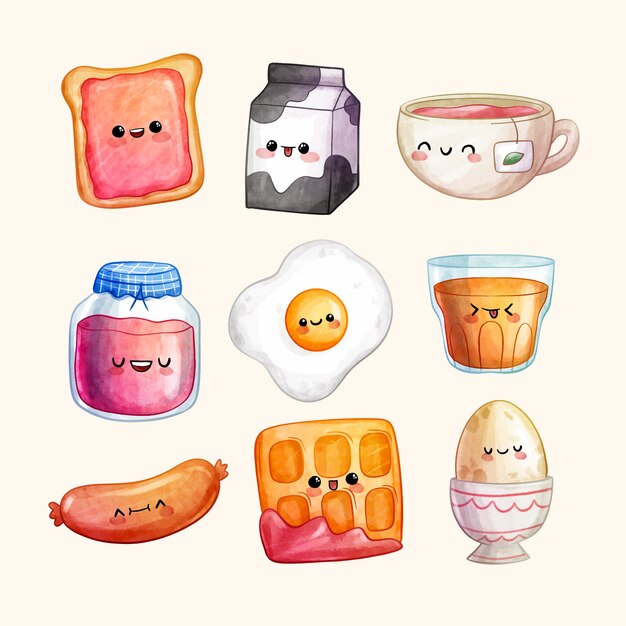 Watercolor kawaii food set