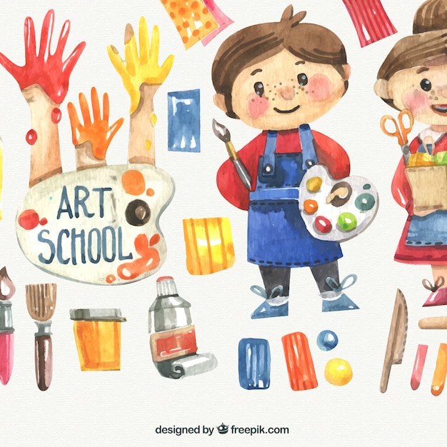 Free vector watercolor kids with art school materials