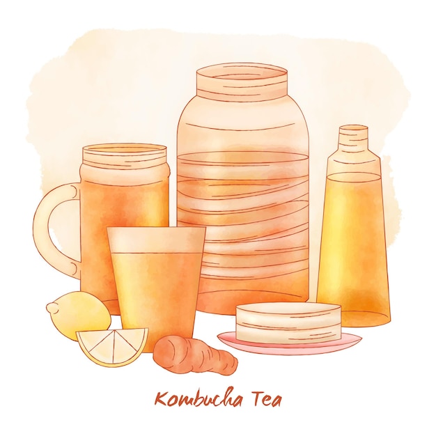 Watercolor kombucha tea concept