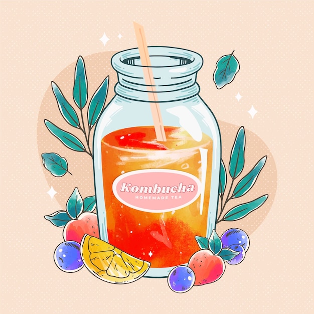 Watercolor kombucha tea illustration with fruits