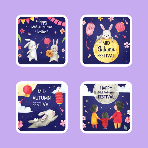 Watercolor labels collection for mid-autumn festival celebration