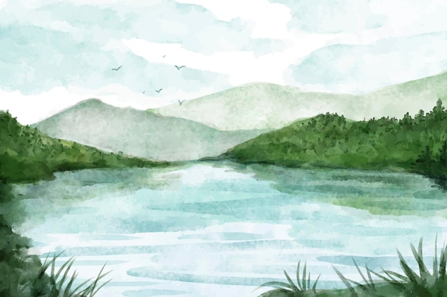 Free Vector watercolor lake scenery