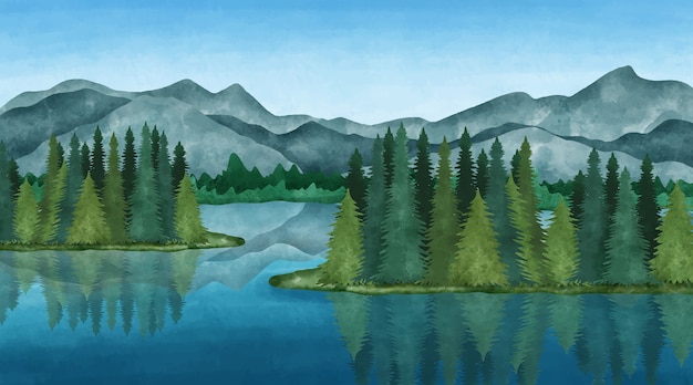 Free Vector watercolor lake scenery