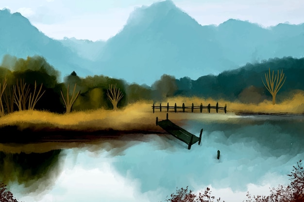 Free Vector watercolor lake scenery