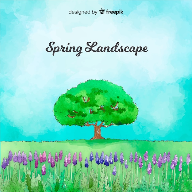 Free Vector watercolor lavender field spring  background