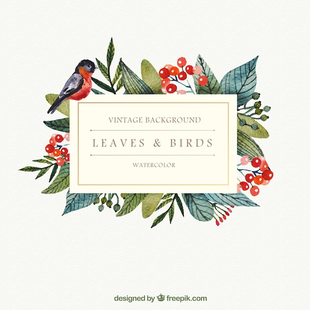 Free vector watercolor leaves and bird background