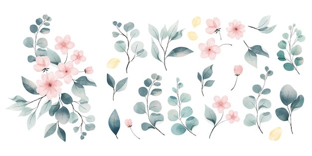 Watercolor leaves and flowers collection