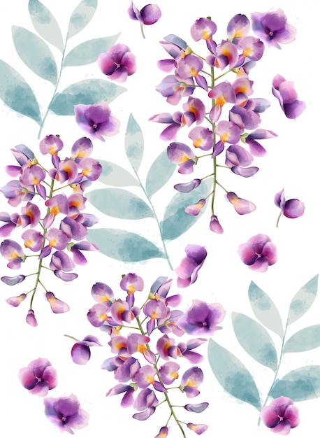 Free Vector watercolor lilac flowers and green leaves pattern