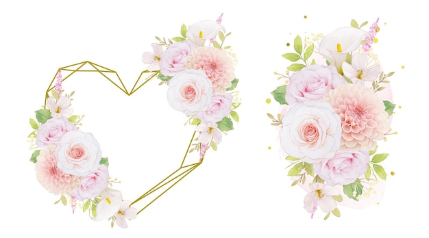 Watercolor love wreath and bouquet of pink roses and dahlia