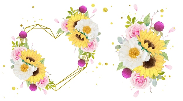 Free Vector watercolor love wreath and bouquet of pink roses and sunflower