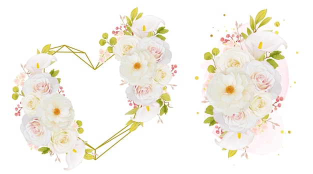 Free Vector watercolor love wreath and bouquet of white roses and calla lily