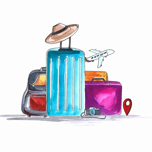 Watercolor luggage with camera and hat travel design