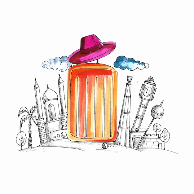 Watercolor luggage with sketch city and hat travel design