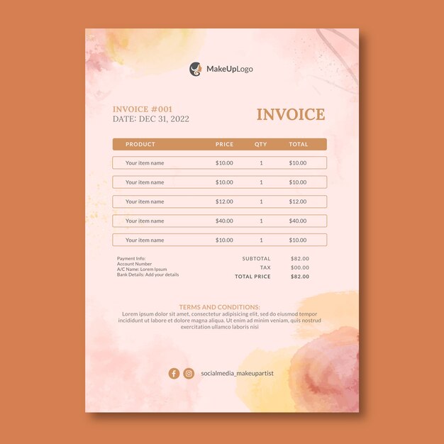 Watercolor makeup artist invoice template