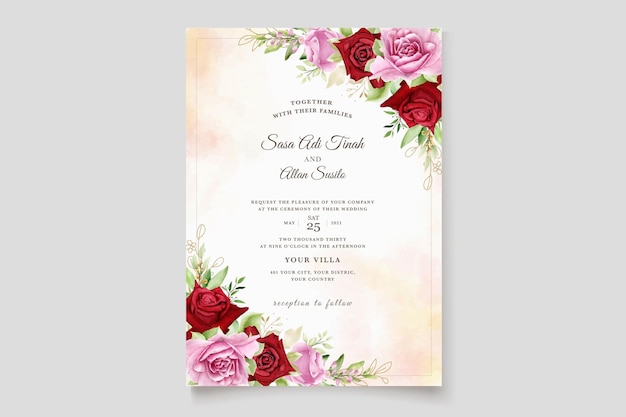 watercolor maroon and pink roses wedding card set