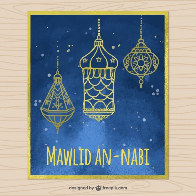 Free Vector watercolor mawlid card with golden lanterns