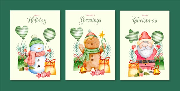 Watercolor merry christmas greeting cards set