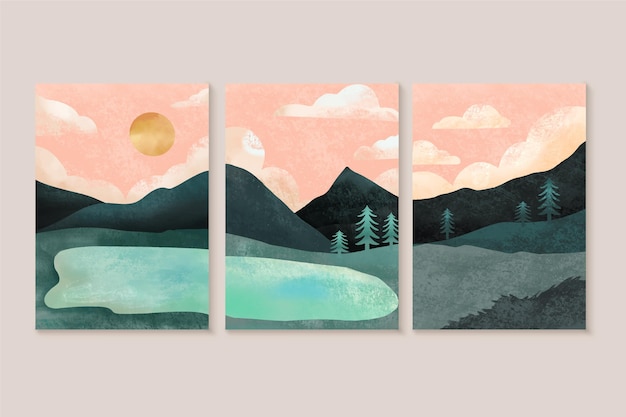 Free vector watercolor minimal landscape covers pack