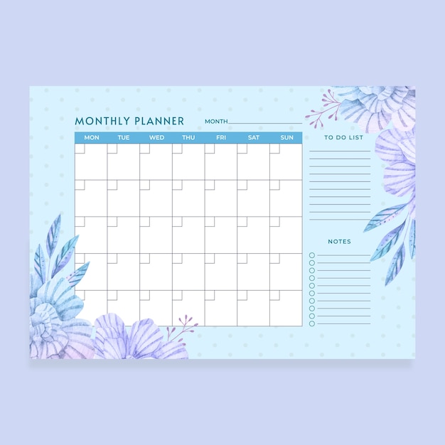 Watercolor monthly planner calendar template