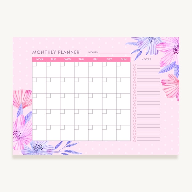 Watercolor monthly planner calendar template