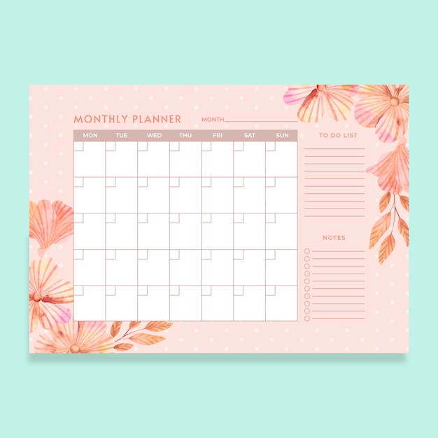 Watercolor monthly planner calendar template