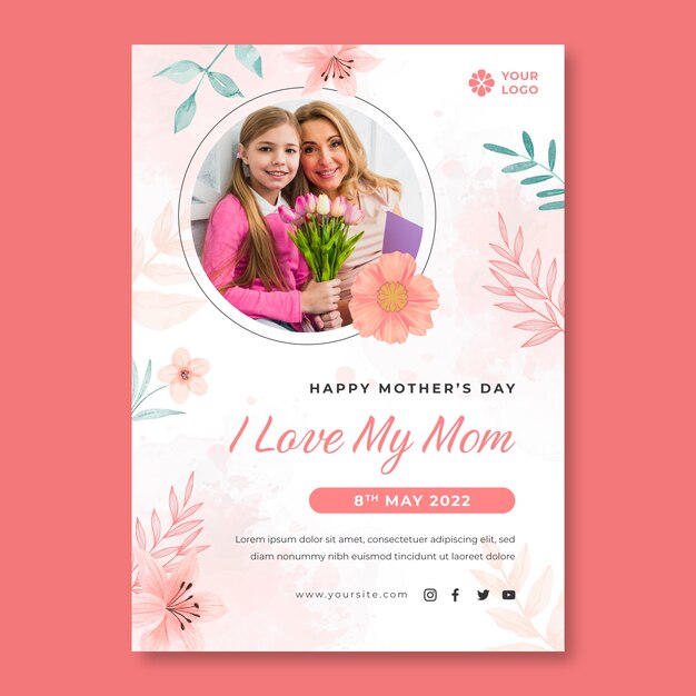 Watercolor mother's day vertical poster template