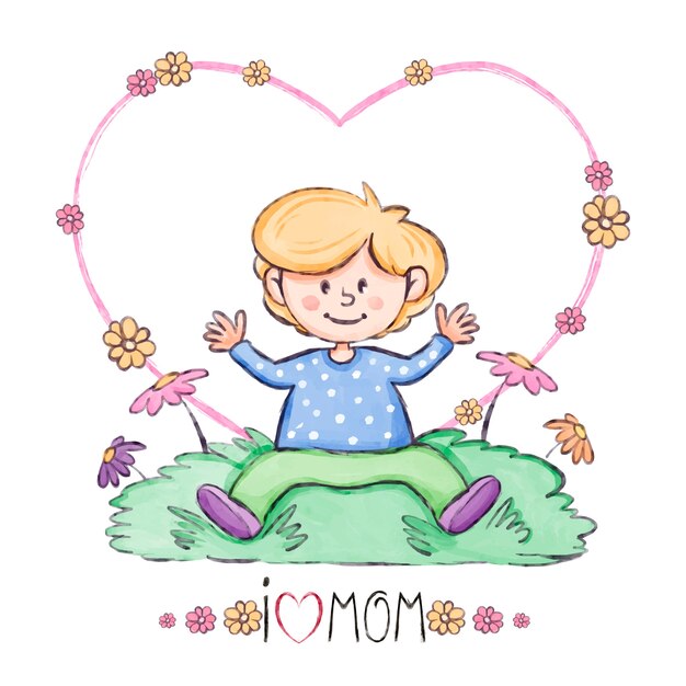 Watercolor mothers day children drawings