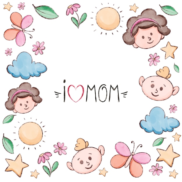 Watercolor mothers day children drawings