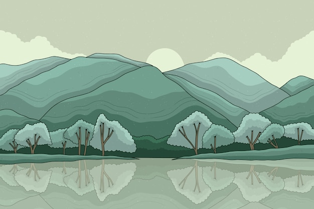 Free Vector watercolor mountain landscape with trees