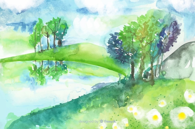 Watercolor natural background with landscape