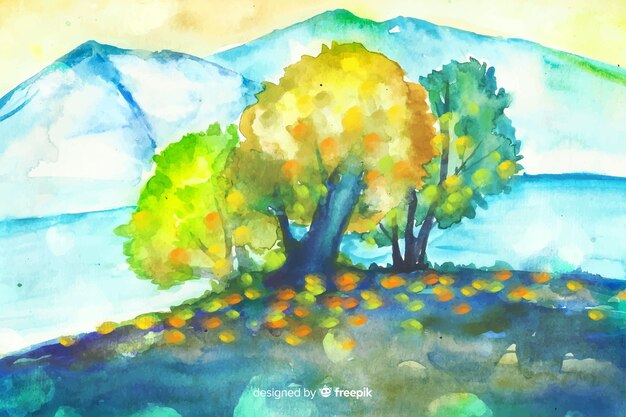 Watercolor natural background with landscape