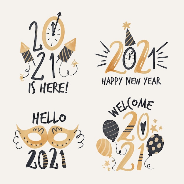 Watercolor new year 2021 label collection