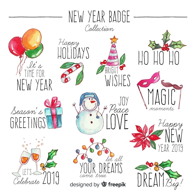 Watercolor new year badge collection