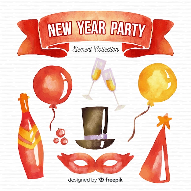 Free vector watercolor new year party element collection