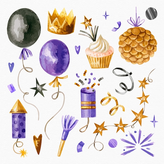 Free vector watercolor new year party element collection