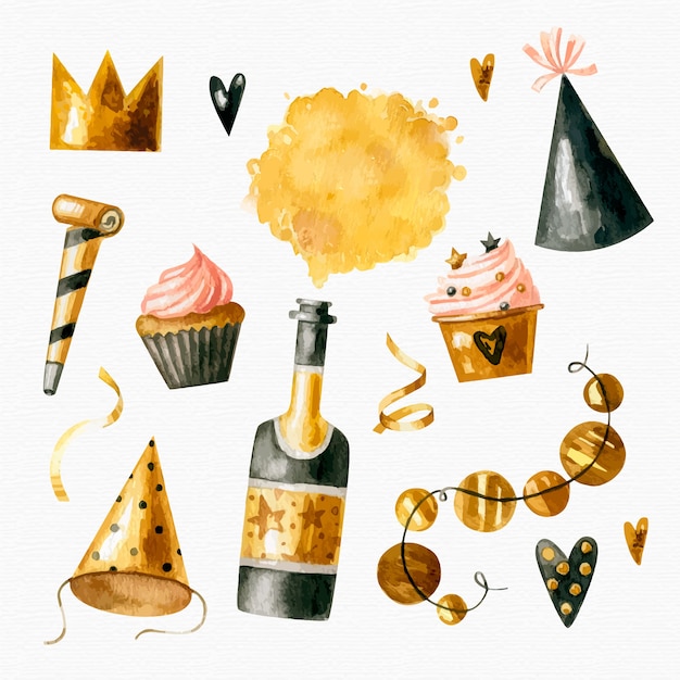 Watercolor new year party element set