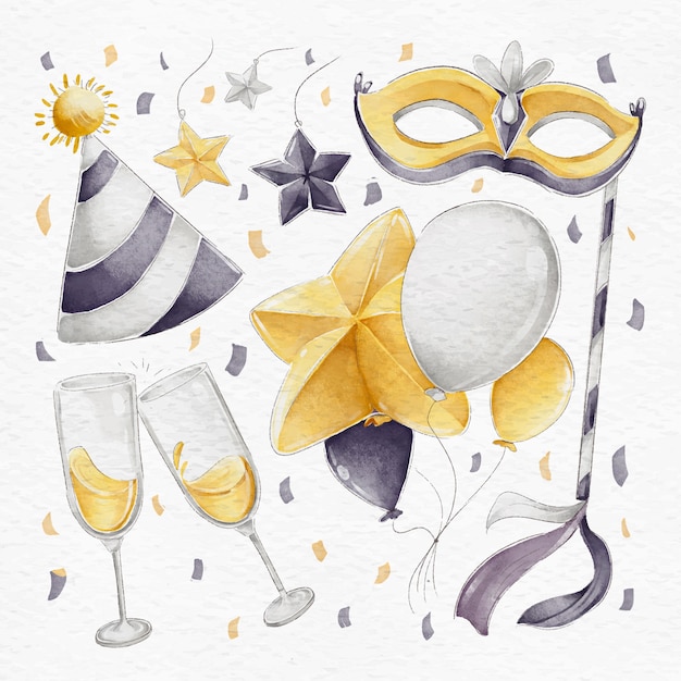 Free Vector watercolor new year party elements collection